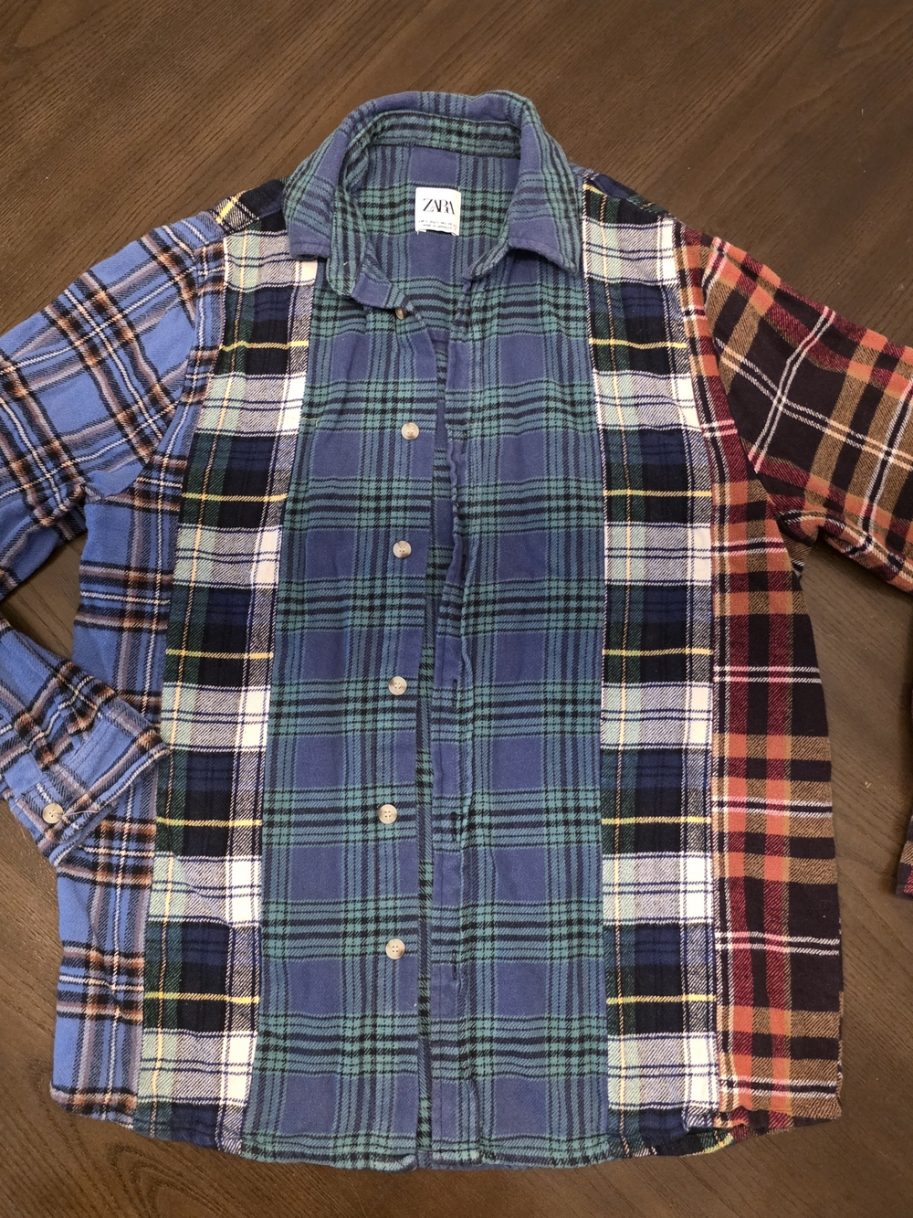 Zara Multicolor Patchwork Plaid Button-Down Shirt - Blue/Green/Red/Orange